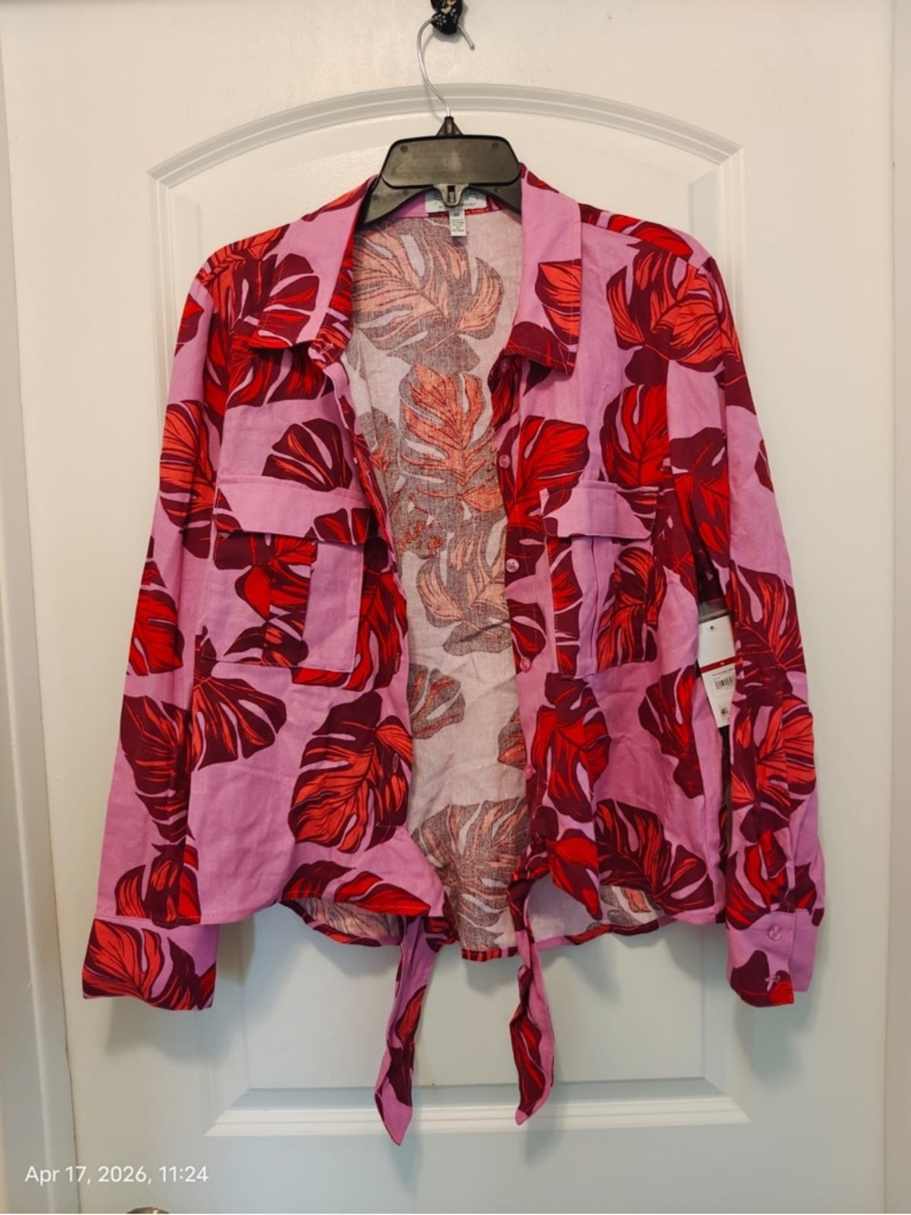sofia by sofia vergara Pink and Red Tropical Tie-Front Button Shirt - Picture 6 of 7